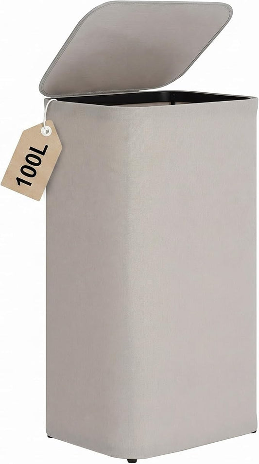 DOKEHOM 100L Laundry Hamper with Lid, Large Collapsible Laundry Basket with Removable Mesh Liner Bag, Collapsible Clothes Sorter for Bedroom, Bathroom, College Dorm, Light Grey