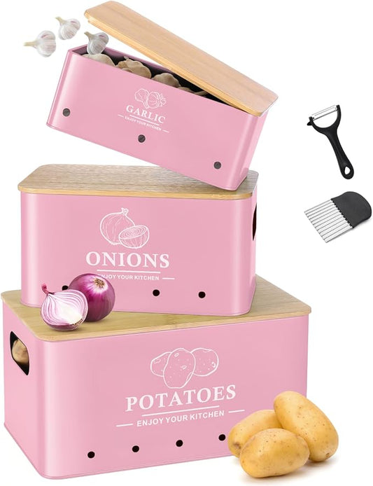 Kitchen Vegetable Storage Set of 3, Metal Onion Garlic Potato Storage Set, Kitchen Canisters Vegetable Keeper Containers with Aerating Holes and Bamboo Lid,Pink