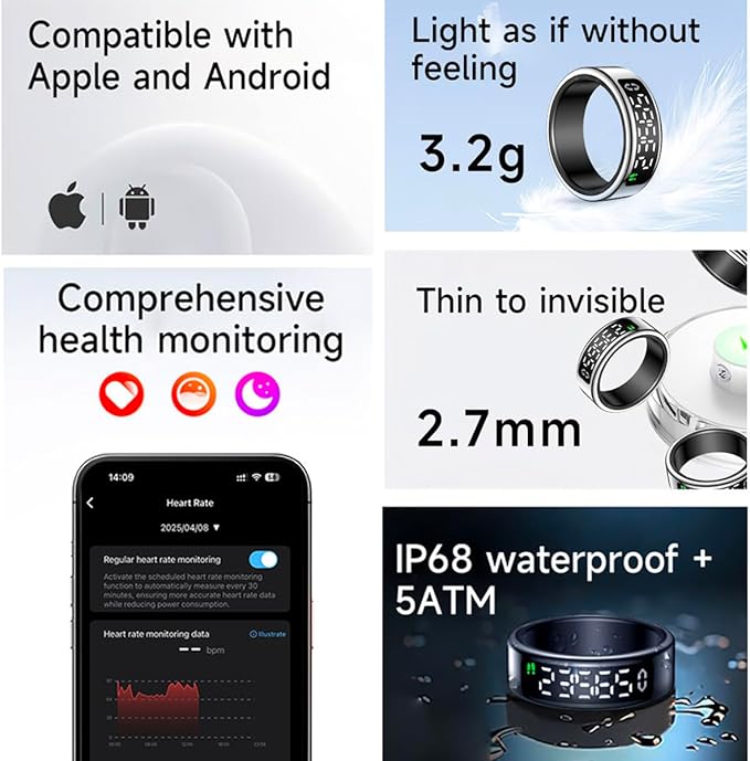Smart Health Ring with Screen,for Women Men Fitness Tracker with Heart Rate, Blood Oxygen, HRV, Sleep Monitoring, Step Counting, IP68 for iPhone and Android, No Subscription Fee (Gold, 12#)