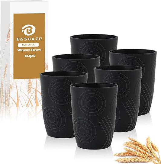 Wheat Straw Cups Sets of 6, Plastic Cups Reusable, Drinking Cup for Kitchen, Small Kids Cup, Unbreakable Water Cup, Dishwasher Safe Plastic Glasses for Kitchen, Camping, School (Black)