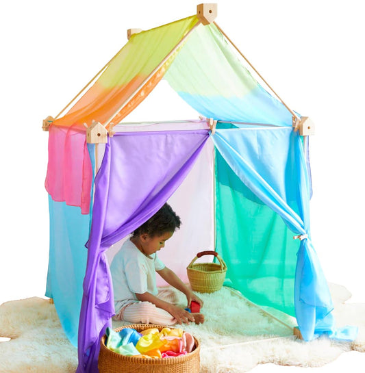 Sarah's Silks Wooden Playfort for Children | Natural Wood Indoor & Outdoor Playfort with Open Frame Design | Montessori Inspired Imaginative Play Tent (Natural Wood)