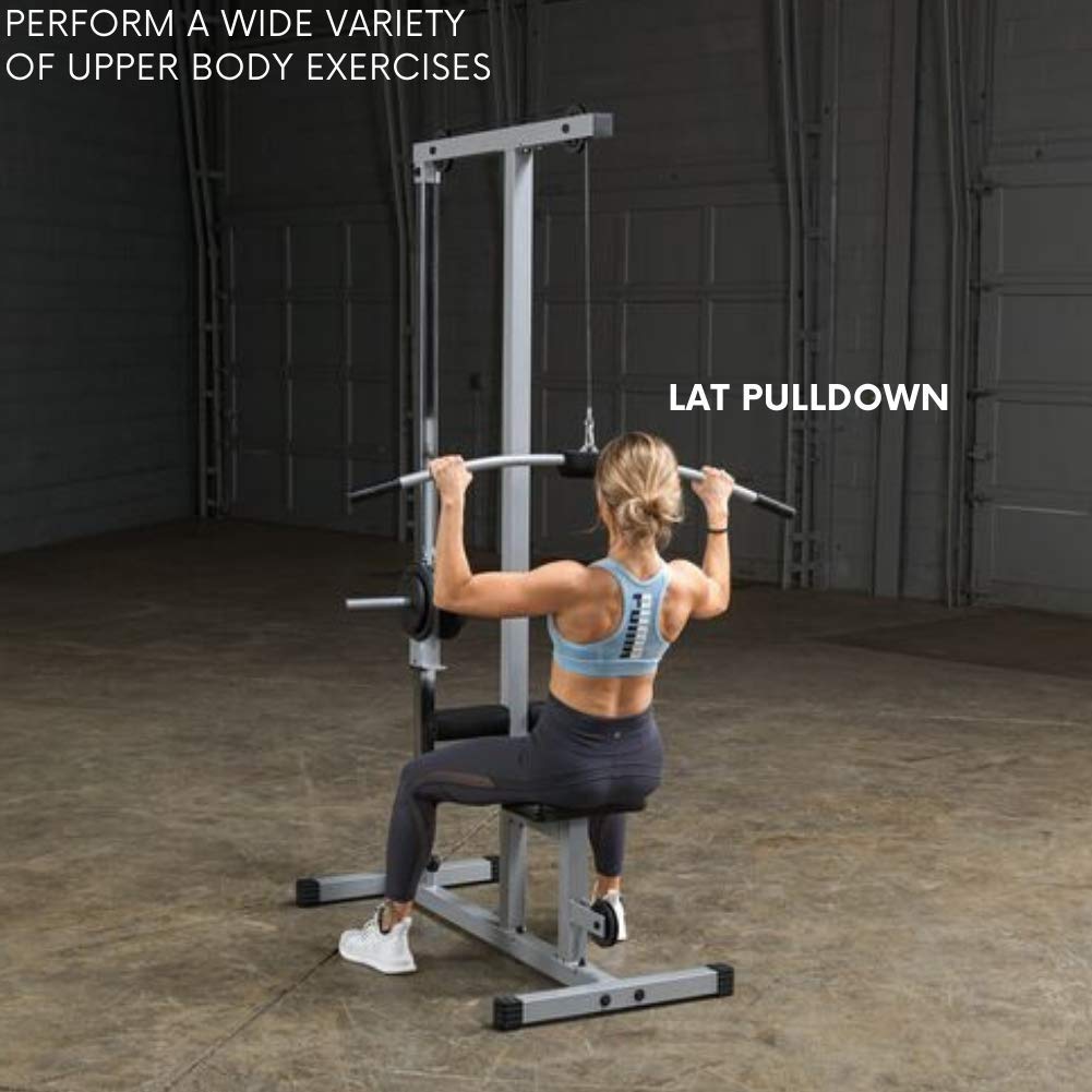 Powerline by Body-Solid LAT Pull Down Machine - Home Gym with High & Low Pulleys, Heavy Gauge Steel Construction, Includes LAT and Low Row Bars, Silver/Black (Gray/Black)