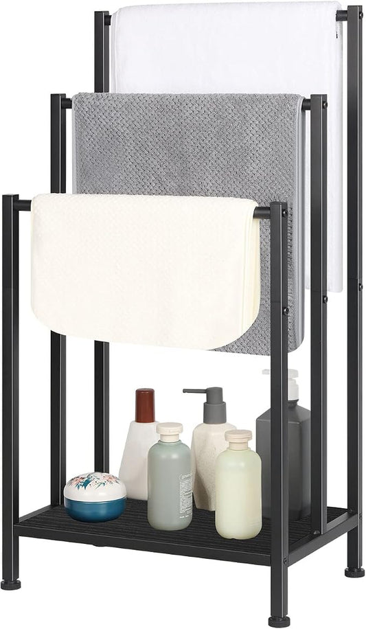Freestanding Towel Rack for Bathroom, Black Standing Towel Rack Bath Towel Holder Stand Floor 3 Tier Blanket Rack Outdoor Towel Rack Standing Metal Blanket Ladders for The Living Room