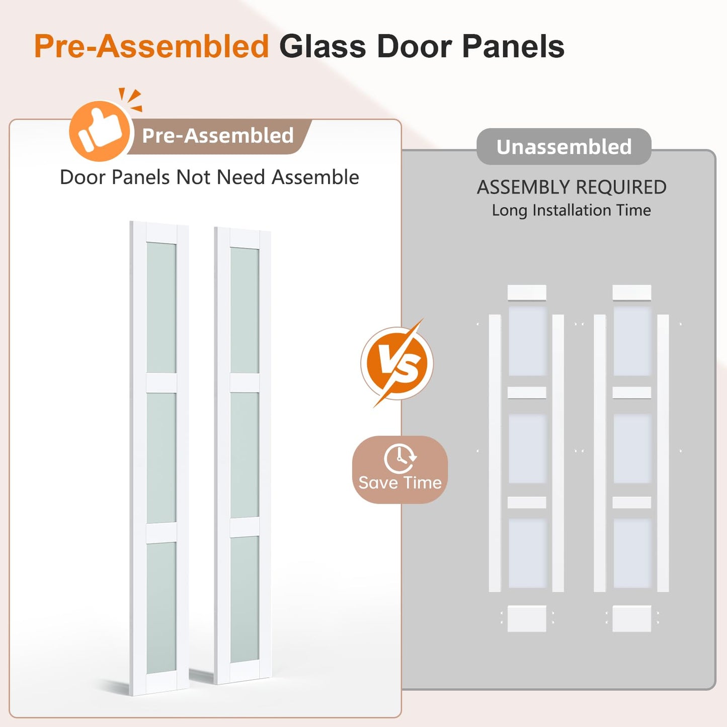 EaseLife Preassembled Bi-Fold Doors, for 36"x 80" Opening,Tempered Frosted Glass Closet Folding Barn Door with Concealed Hardware Kit,MDF Wood Panel,Water-Proof PVC Surface,Easy Installation
