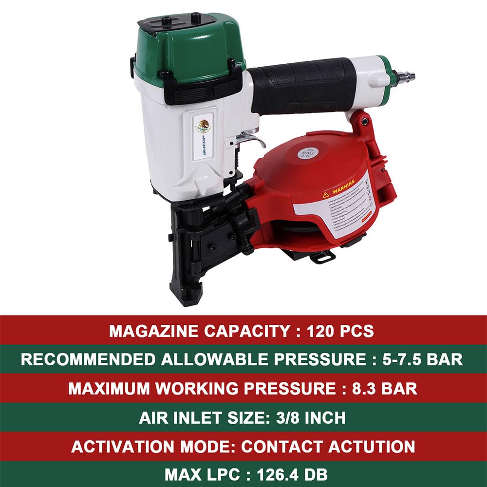 BHTOP Mexican CN45N Roofing Nailer, 15 Degree Roofing Nail Gun, 3/4-Inch to 1-3/4-Inch Coil Nails, 120-pcs Load Capacity Coil Naile (Green/Red）