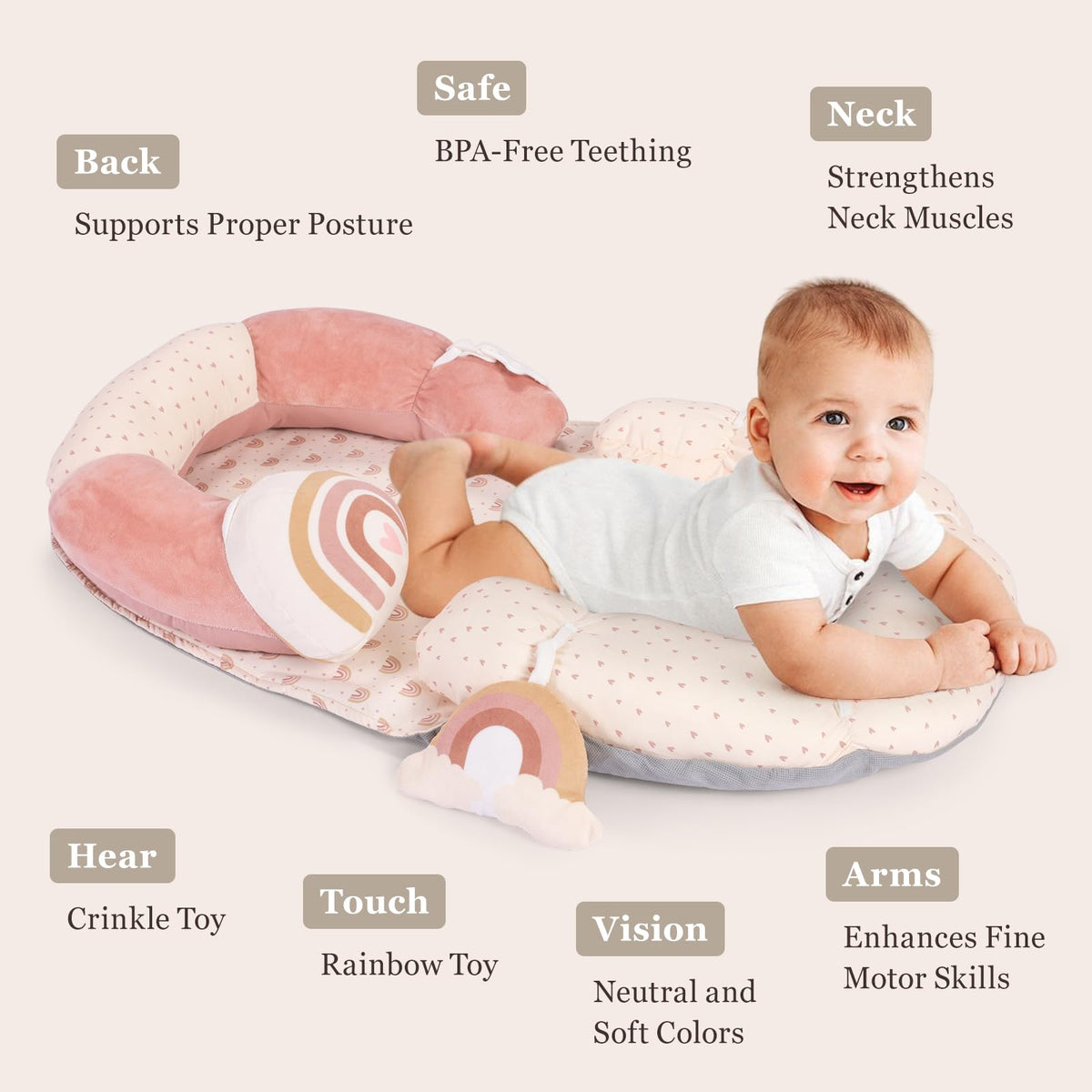 4 in 1 Tummy Time Mat with Educational Cards, Play Mat & Sitting Support for Newborn 0-12 Months, Infant Baby Sit Me Up Floor Seat, Sensory Skills Gifts, Rainbow