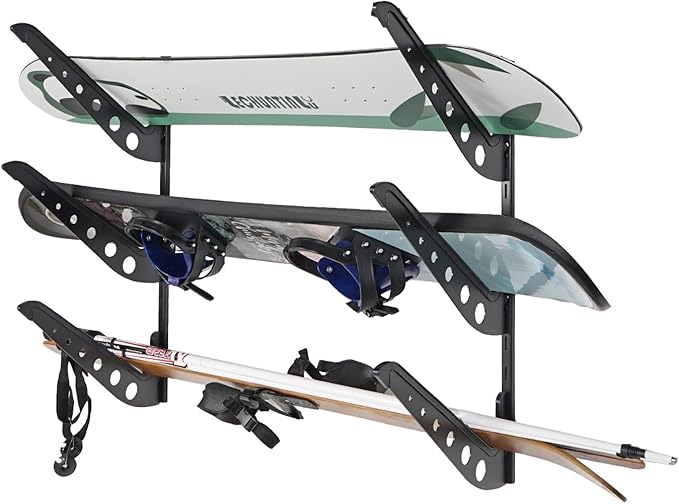 3 Board Snowboard Wall Racks, Adjustable Storage Rack for Ski, Surfboard, Wakeboard, Snowboard Wall Mount Display, Black