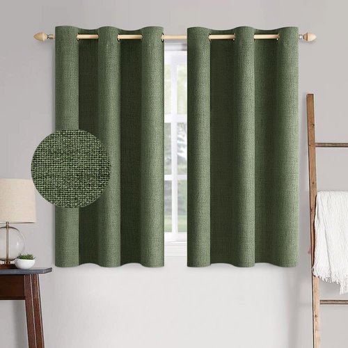 MIULEE 100% Blackout Linen Textured Curtains - Olive Green Thermal Insulated Drapes | 42 x 63 Inch (2 Panels)