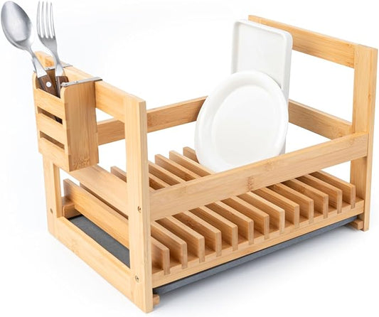 Bamboo Dish Drying Rack with Utensil Holder, Stone Dish Drying Mat, Wooden Dish Drying Rack, Functional Kitchen Organizer, Dish Drainer