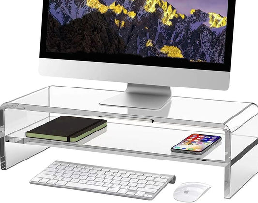 2 16/20 Inch, (16in) Acrylic Monitor Stand, Tier Riser with Storage Shelf, Clear, Home Office Desk Organizer