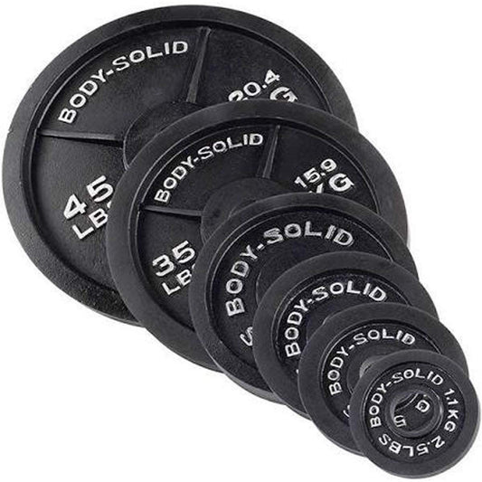 Body-Solid (OSB455) Cast Iron Olympic Weight Plate Set, Free Weights Dumbbell Plates with 2 Inch Standard Hole for All Olympic Barbell Types, 455 lb Total Weight Sets, Black