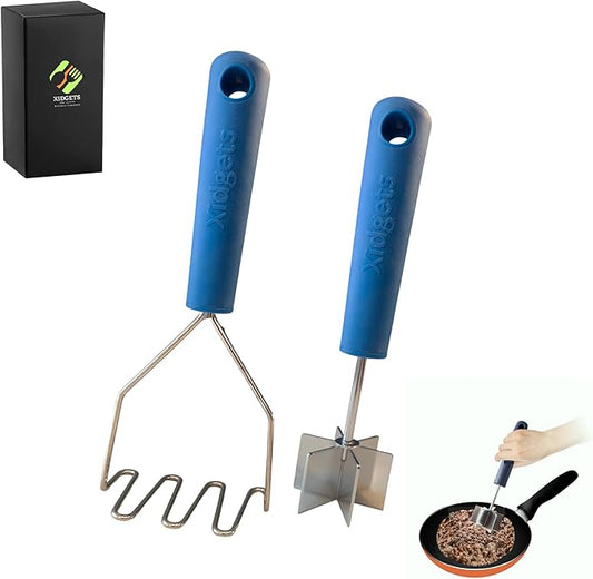 2pc Gift Set | Large Stainless Steel Meat Chopper & Potato Masher | 6-Blade Ground Beef Chopper Tool | Oversized Ergonomic Handle | Heat Resistant Grip | Dishwasher Safe (Lagoon Blue/Lagoon blue)