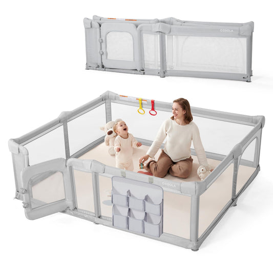 Cosola Foldable Baby Playpen for Toddlers & Babies, Large Play Yard with Mat, 79"x71" Extra Large Safety Playpen for Indoor Outdoor, Anti-Escape Dual Door Play Pen for Infants,Grey