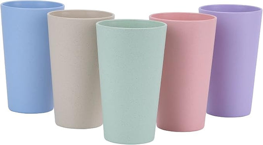 Wheat Straw Unbreakable Cup | 20 oz Reusable Water Drinking Glasses Sets of 5 | Lightweight Tumbler for Kitchen Outdoor | Dishwasher Safe, BPA Free and Eco friendly (20 oz, 5 Color_A)