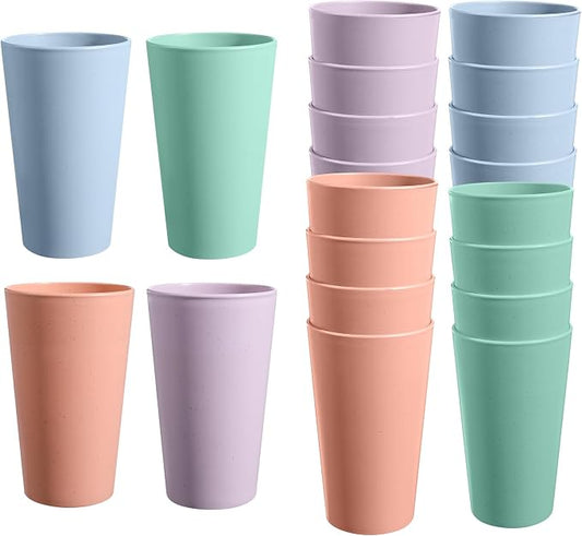 HEYCOME Set of 16 Wheat Straw Cups, 16 Pcs 20 oz Unbreakable Drinking Cups, Reusable Plastic Cups Sets, Water Glasses Tumblers, Microwave & Dishwasher Safe, Bpa Free, 4 Colors
