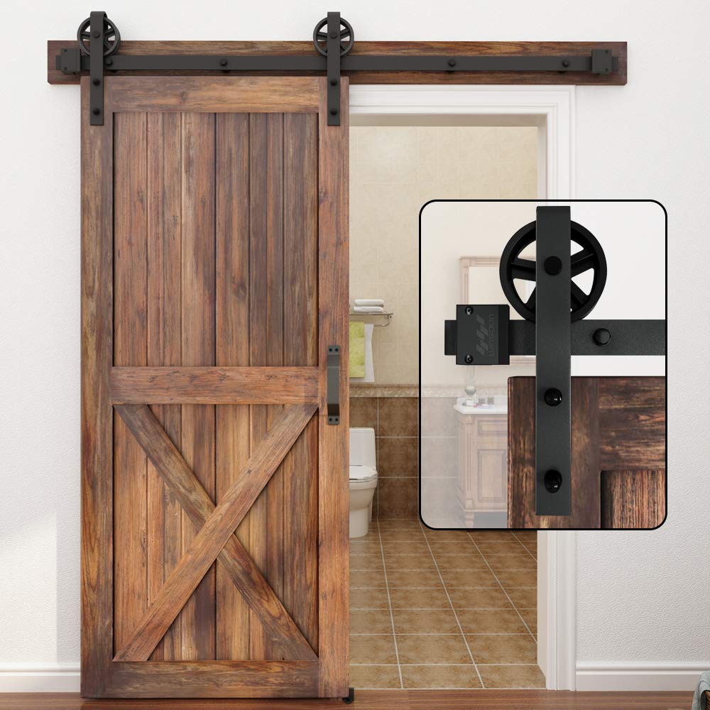 WINSOON 5-16FT Single Wood Sliding Barn Door Hardware Basic Black Big Spoke Wheel Roller Kit Garage Closet Carbon Steel Flat Track System (6.6FT)