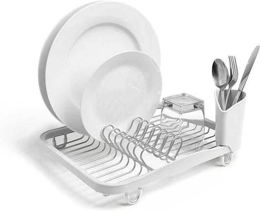 Umbra Sinkin Dish Drying Rack – Drainer Caddy with Removable Cutlery Holder – Use in Sink or On Counter, Standard, White/Nickel