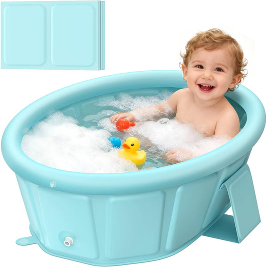 Baby Bathtub with Inflatable Top Edge, Extra Stable Infant Bath Tub, Collapsible & Portable for Baby Bath Time, No Tilt Design for 12M-6Y Toddler, No Assembly for Travel Shower