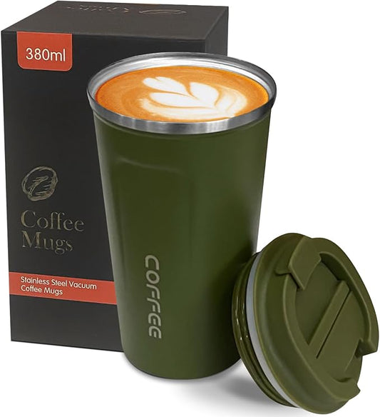 YINBAOGE Insulated Travel Coffee Mug, Spill & Leak Proof, Portable To Go Camping Stainless Steel Coffee Tumbler, Reusable Thermal Coffee Cup with Lid for Hot & Cold Drinks (2nd-Green, 12 OZ)