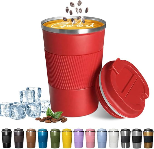 YINBAOGE Insulated Travel Coffee Mug, Spill & Leak Proof, Portable To Go Camping Stainless Steel Coffee Tumbler, Reusable Thermal Coffee Cup with Lid for Hot & Cold Drinks (Red, 12 OZ)