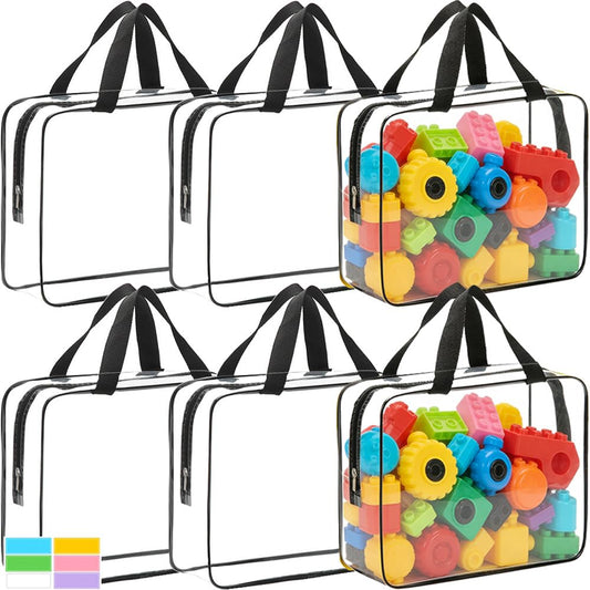 6 Packs Extra Large Toy Storage Bags with Zipper, Reusable Clear PVC Toy Organizer Bag with Labels for Blocks, 11.8″×8.6″×3.9″ Travel Waterproof Organizer Bags for Puzzles, Plastic Toy Container