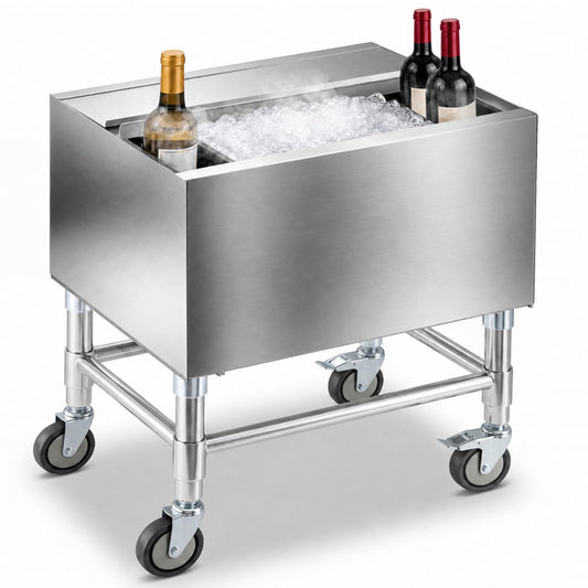 BreezeHug 18.5 x 24 x 30 Inches Commercial Ice Bin with Wheels, Underbar Stainless Steel Ice Chest with Sliding Lid, Cooler Cart Cocktail Unit for Bar Restaurant Pub and Hotels