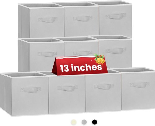Criusia Large Storage Cubes - 13x13 Fabric Bins Set of 10 | Collapsible Grey Organizers with Dual Handles