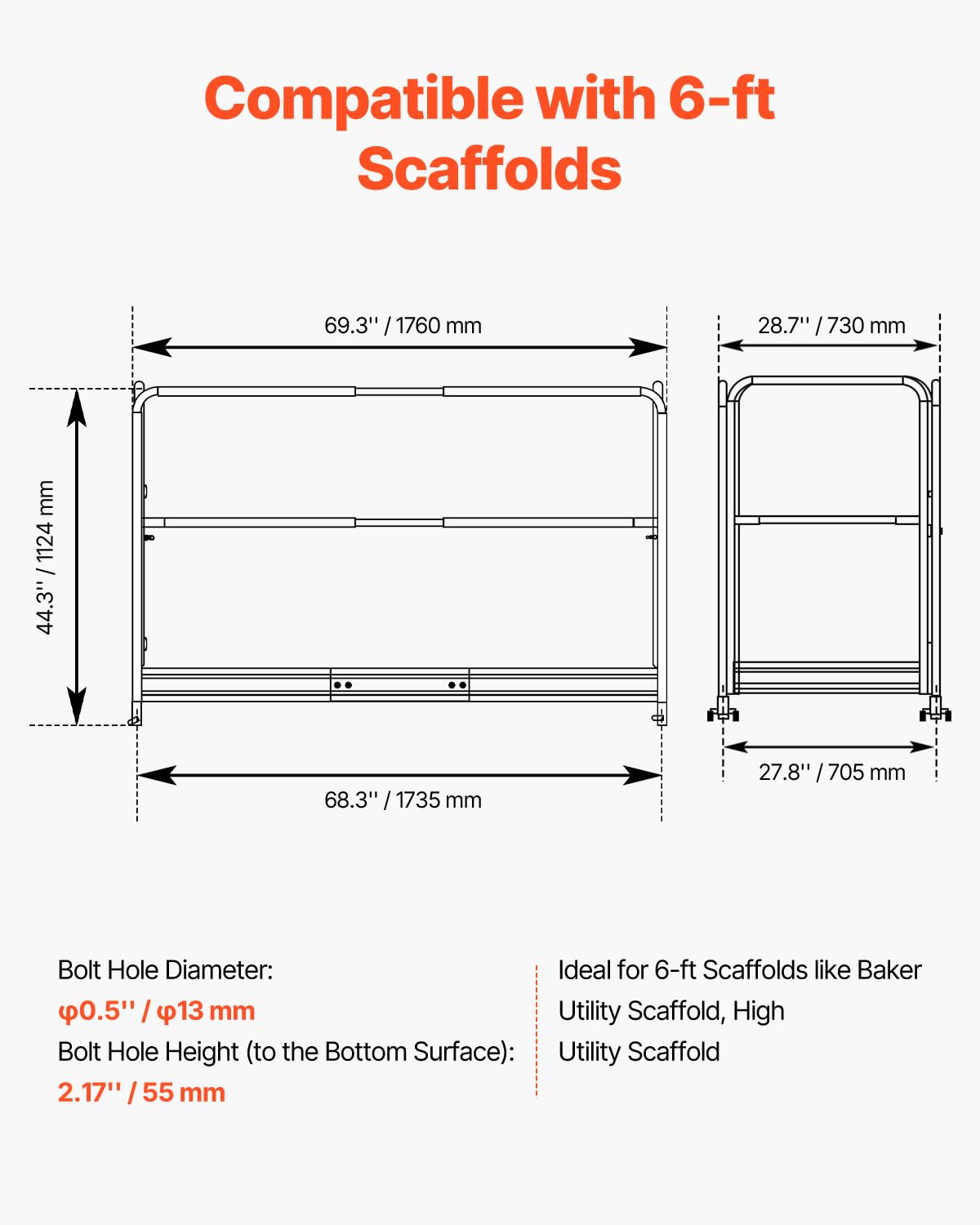 VEVOR 6 Foot Scaffolding Safety Guardrail, Rustproof Solid Carbon Steel Scaffold Guard Rail of 55.4 lbs Load Capacity, Baker Style Metal Guardrails Accessory System for Scaffolding Platform, Yellow