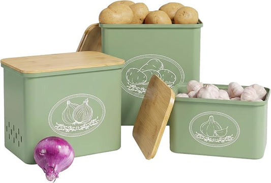 Lifewit Onion and Potato Storage Bin with Aerating Holes and Lid, Stackable Garlic Keeper, Plastic Vegetable Container Box for Kitchen, Green, Set of 3