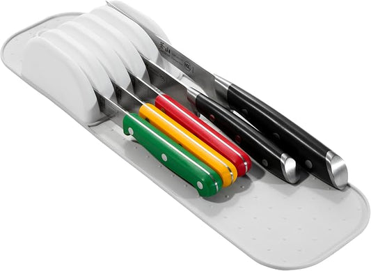 madesmart Knife Mat, Soft-Grip Slot Organizer for 5 Knives, Non-Slip Drawer Insert Protects Blades and Drawers, Space-Saving Kitchen Knife Storage, Grey