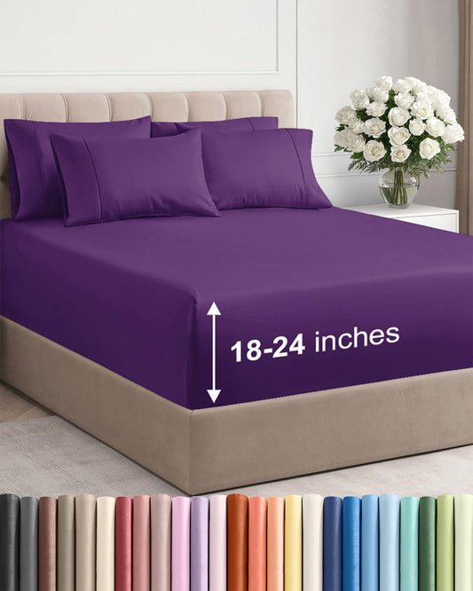 Skiennix Extra Deep Queen Sheet Set - 6 Piece Breathable Cooling Bedding - Soft Wrinkle-Free Purple