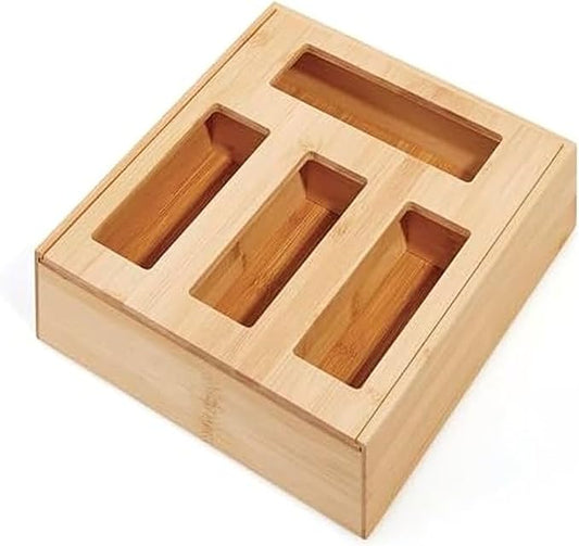 Copco Bamboo Storage Bag Organizer with Labels - 4-Compartment Kitchen Drawer or Wall Mount Holder for Gallon, Quart, Sandwich and Snack Bags, 13 x 12 x 3 Inches