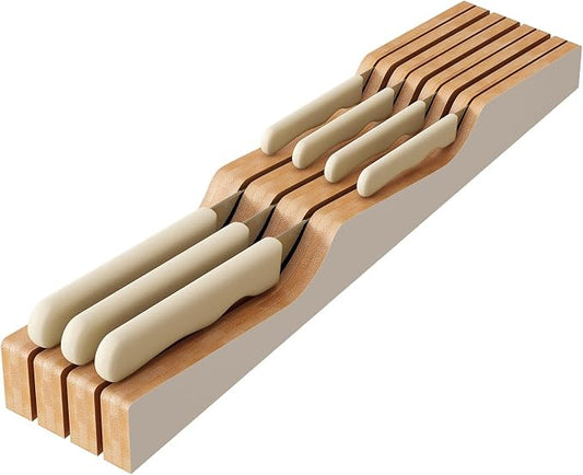 In-Drawer Knife Block Organizer - Bamboo Wood Drawer Knife Organizer-Protecting Knife Organizer Block (Not Included) (White, 7 Knives Dock)