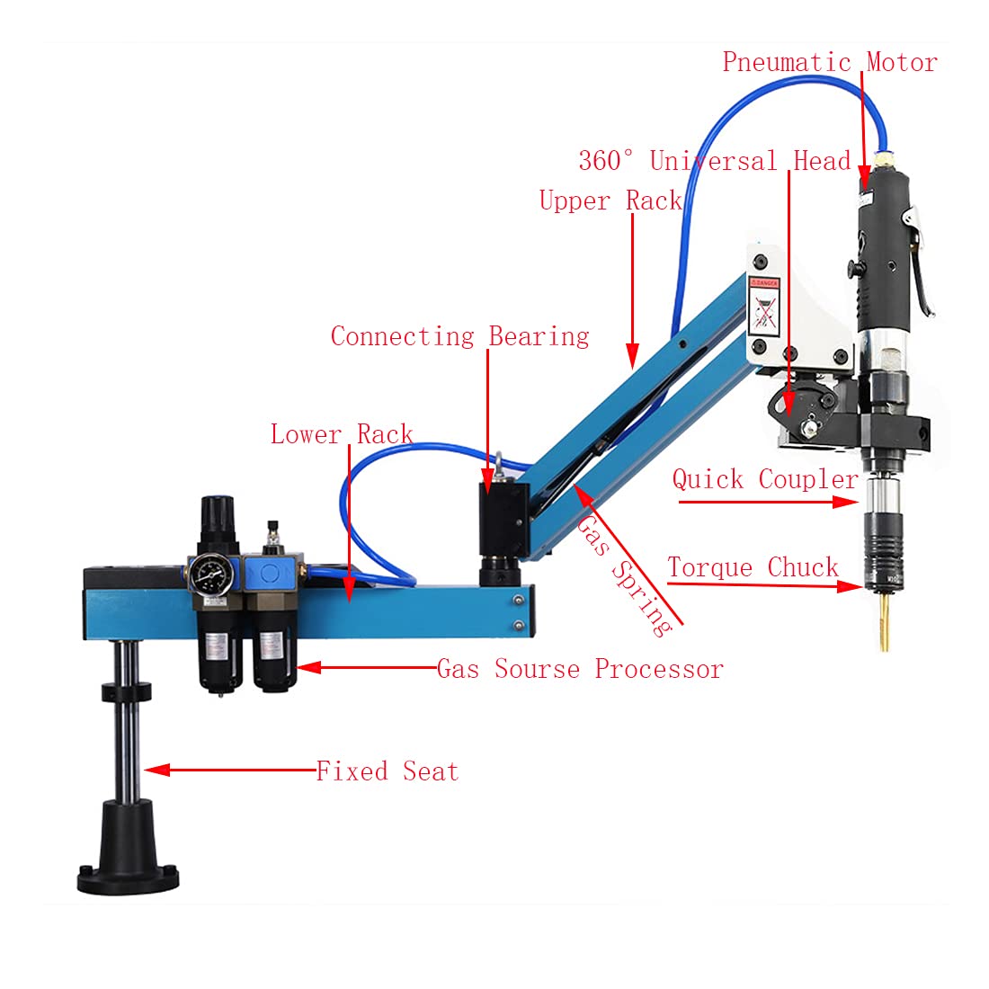 Pneumatic Tapping Machine, DEJUN 360° Multi-directions Pneumatic Air Tapper Drilling Machine Flexible Tapping Arm with 8pcs M3-M12 Collets