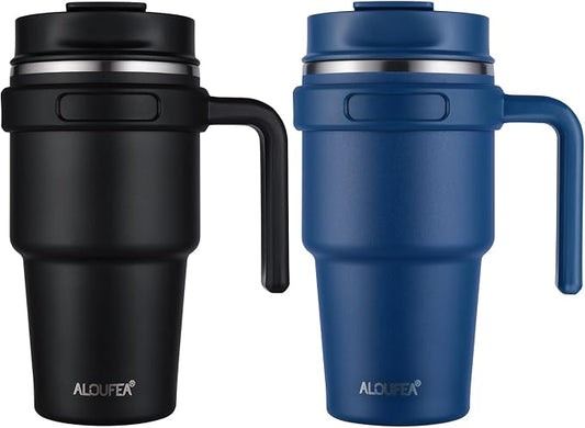 20 oz Insulated Coffee Mug Tumbler with Handle, Stainless Steel Travel Mug Tumbler with Lid and Straw,Double Wall Vacuum Leak Proof Ice Coffee Thermal Cup, Black and Navy