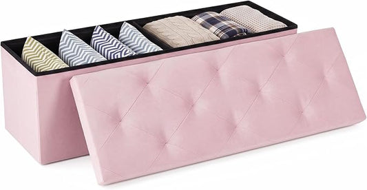 Sweetcrispy 43 Inch Folding Storage Ottoman Bench, Large Hidden Storage Chest with Padded Seat, Foot Rest Stool Supports Up to 660Lbs, End of Bed Bench for Bedroom, Living Room, Linen Fabric, Pink