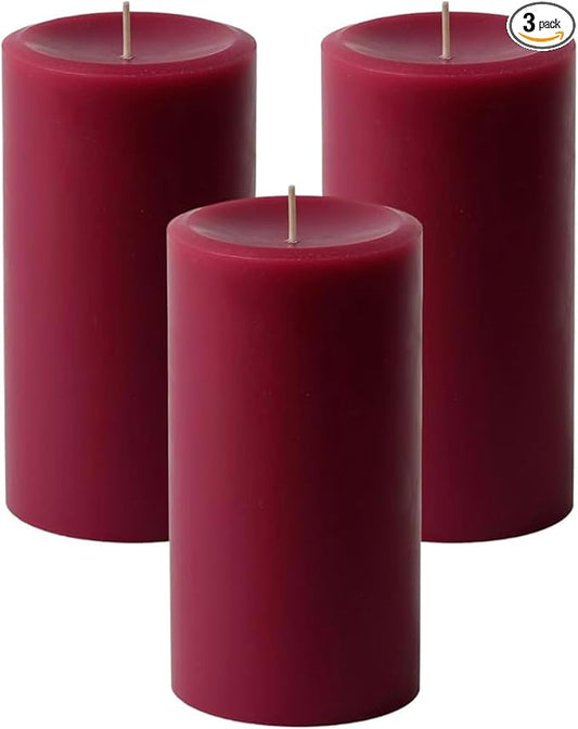 Mister Candle Dripless Unscented Pillar Candles, Set of 3 Hand Poured Burgundy Pillar Candles, Solid Color Non-Scented Candles for Home Decor, Premium Wax, 80 Hr Burn Time, 3x6 Inch