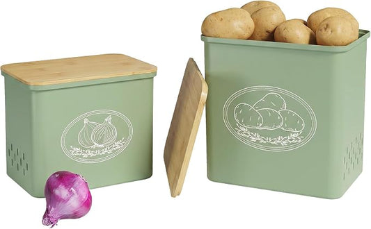 Lifewit Onion and Potato Storage Bin with Aerating Holes and Lid, Stackable Garlic Keeper, Plastic Vegetable Container Box for Kitchen, Green, Set of 2