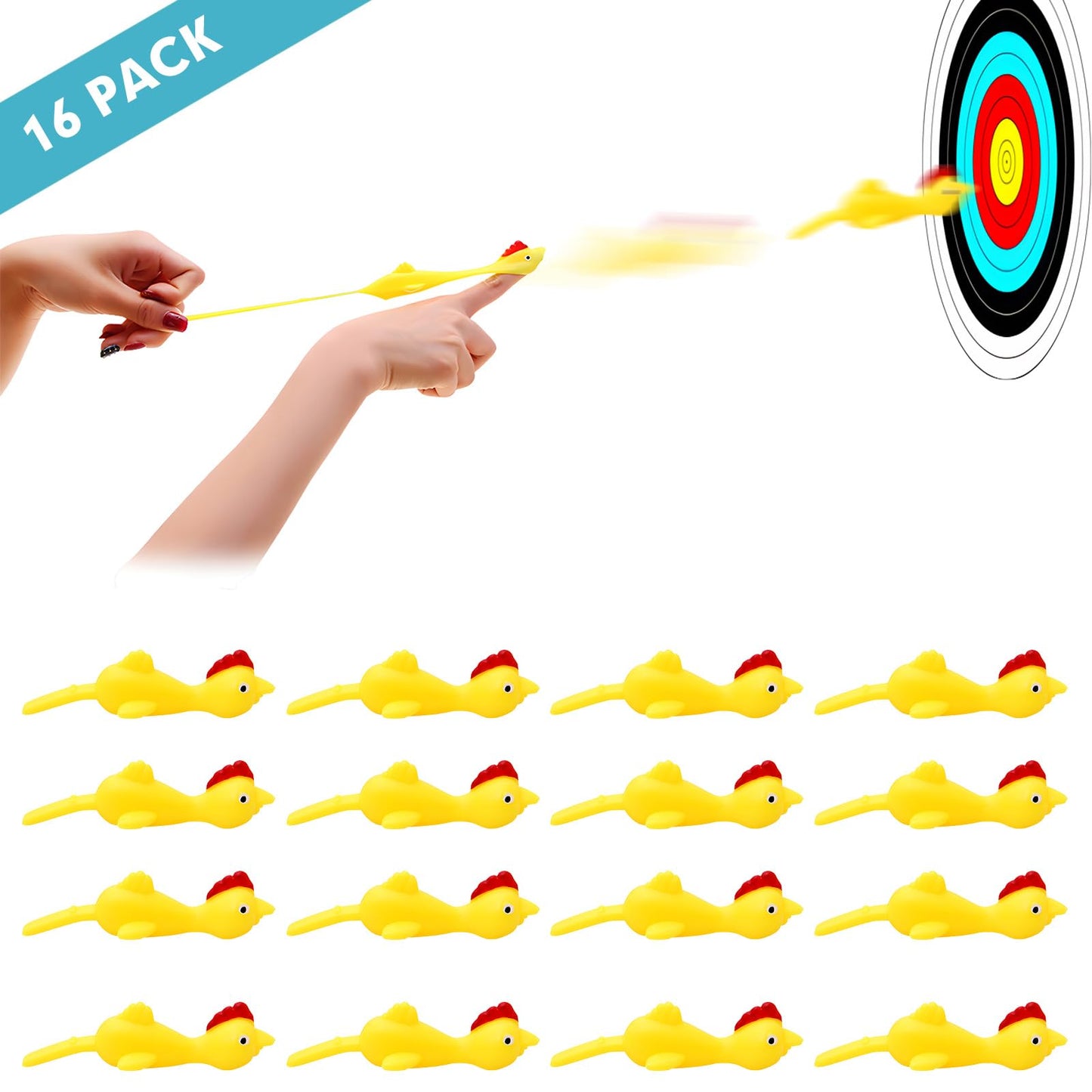 BUVUDI 16 Pieces Rubber Chicken Slingshot Rubber Chickens Flying Chicken Slingshot Flicken Chicken Game Finger Slingshot Chicken Toys Chicken Flingers Flinging Chickens for Party Favors Activity Gift