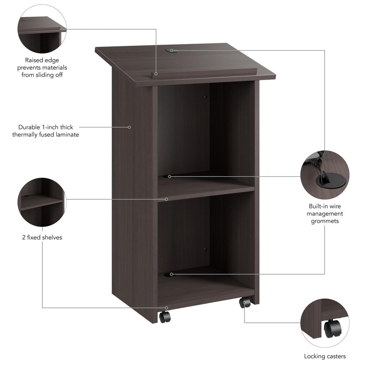 Bush Business Furniture Podium Lectern, 48 inch Tall, Professional-Grade Mobile Presentation Stand Up with Shelves, Envision Collection, Gray