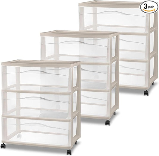 Sterilite 3 Pack Wide 3 Drawer Storage Cart, Rolling Organization, Grey | Clear Plastic Organizer Drawers with Wheels for Craft Supplies, Bath Essentials, or Home Accessories