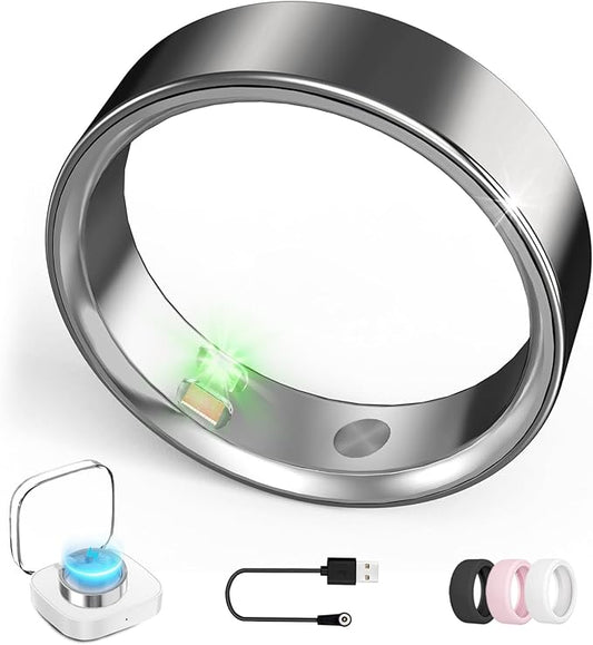 Smart Ring with Vibration Alerts, Health Tracker Ring with Body Temperature Monitor, Heart Rate, Sleep & Fitness Tracking, Waterproof Activity Ring for Men & Women, No App Fees (Gunmetal Gray, 8#)