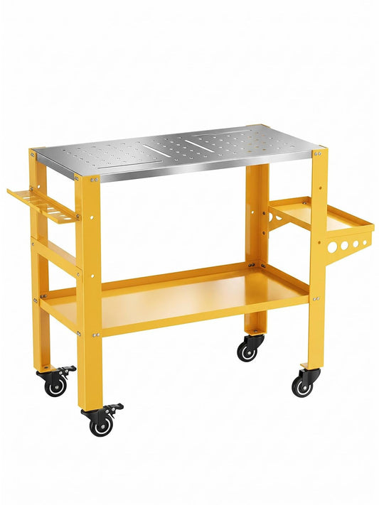 36 x 18 Inch Welding Table, 1200 lbs Capacity Welding Workbench Table with Lockable Wheels,Tool Rack & Tray, Tool Slots and 5/8" Fixture Holes for Garage, Yellow