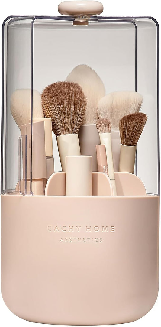 EACHY Makeup Brush Holder with Lid, 360° Rotating Vanity Organizer for Brushes, Dustproof Cosmetic Display Case, 7 Compartments, Waterproof Plastic (Pink)
