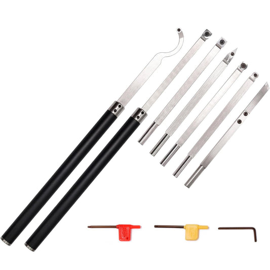 Carbide Tipped Woodturning Tool 9pcs chise set Lathe Full Size Rougher Finisher Detailer Swan Neck Hollower Parting Tools Set of 7 and 2 Interchangeable Aluminum All