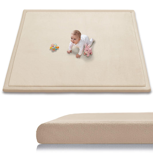 TreeBud Baby Play Mat for Floor, 1.3 Inch Thick Memory Foam Tummy Time Mat with Non Slip Backing, Soft Coral Velvet 50×50 Inch Playpen Mat Crawling Tatami for Infants Toddlers Kids, Beige