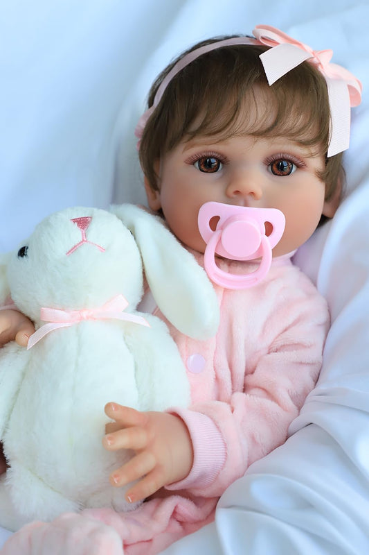 SCOM Realistic Reborn Baby Dolls - 18 Inch Real Life Doll Girl, Silicone Doll with Anatomically Correct Body, Lifelike Newborn Weighted Toddler Doll with Accessories & Rabbit Toys for Ages 3+ Gift