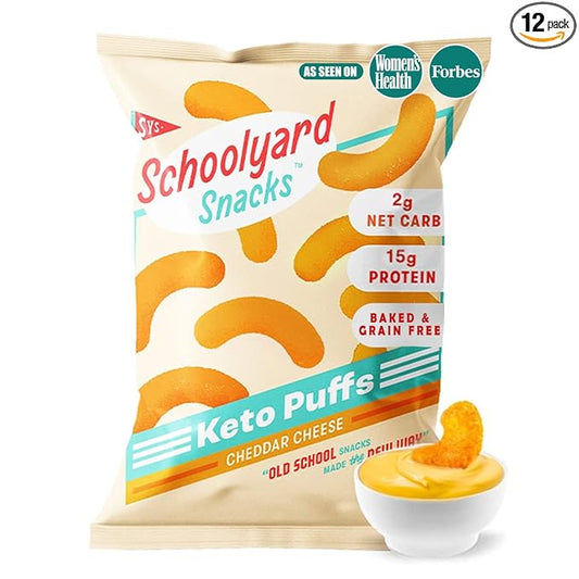 Schoolyard Keto Snacks - Cheddar Cheese - 15g Protein Puffs, Low Carb, Low Sugar - Gluten Free, Healthy & Diabetic Friendly, High Protein, Low Calorie snacks for Kids & Adults, USA Made, 12 Pack