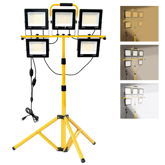 50000LM LED Work Light with Stand, 5-Head Tripod Work Light with 3000K-6500K Dimmable, 3 Modes Portable Light for Construction Site, Garage, Workshop, Job Site, Emergency Lighting