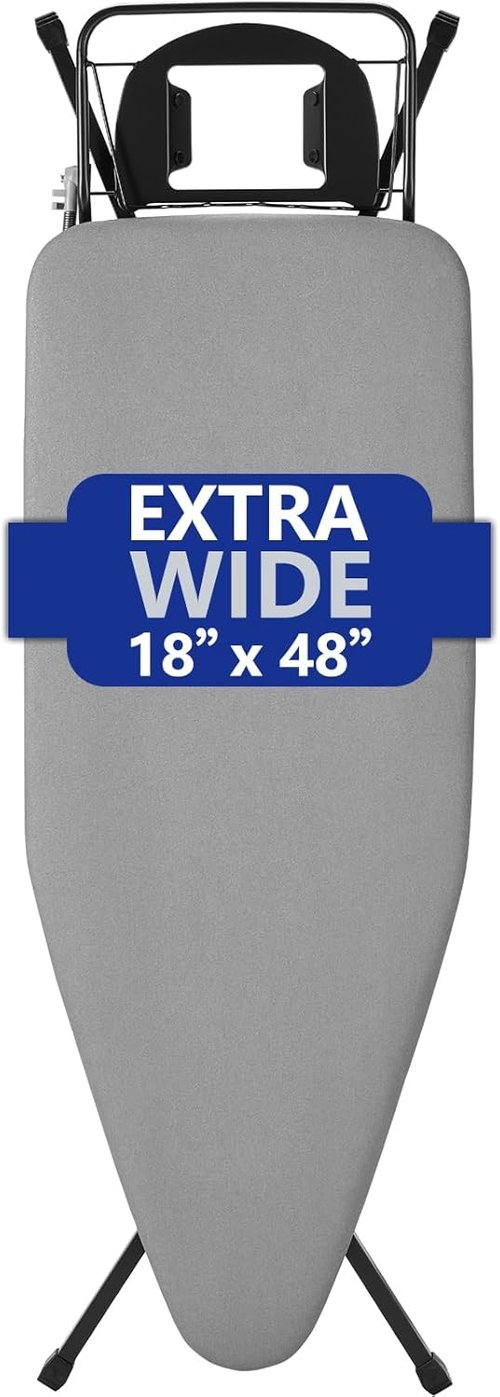 BKTD Extra-Wide Ironing Board - 48" x 18" Large Surface with Built-In Clothes Rack & Adjustable Height - Black Grey